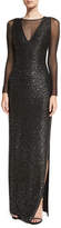 St. John Collection Sequined Knit Long-Sleeve Gown, Black