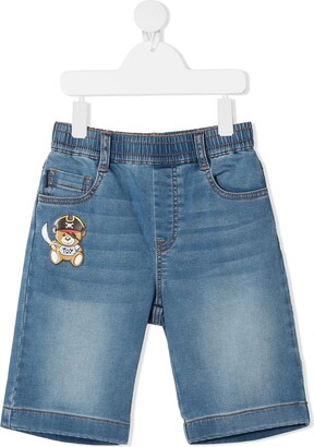 MOSCHINO BAMBINO Pirate Teddy Bear patch denim shorts