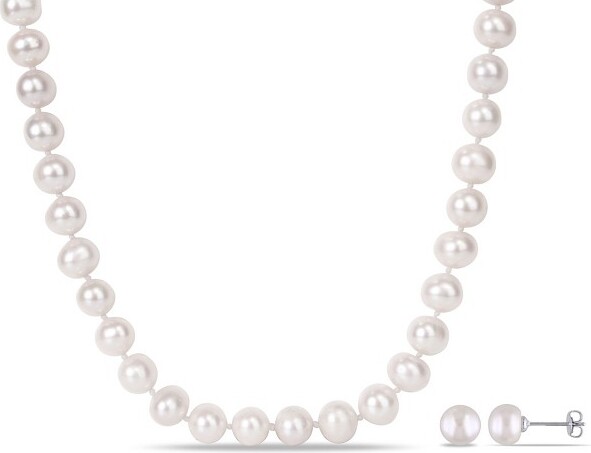 Everly Jewelry EVERLYJEWELRY|SterlingSilver2-PieceSet8-10mmCulturedFreshwaterPearlStrandNecklaceandStudEarrings,18inc