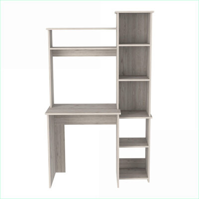 Inbox Zero Desks, Aramis Home Office Desk with 2-Shelf Hutch & 5-Shelf Side Bookcase | Light Gray | Particle Board