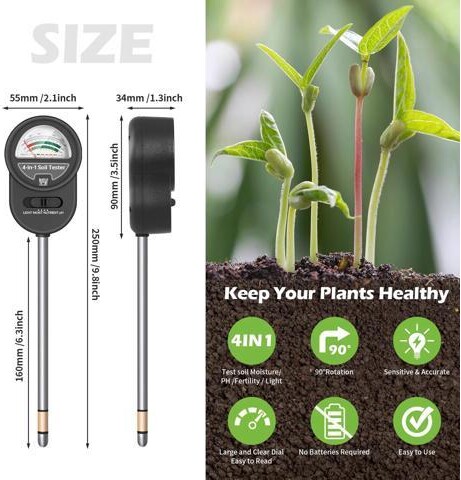 _Mega Brand 4-in-1 Soil Moisture, pH, Light & Nutrient Tester - No Battery Required, Perfect for Garden, Lawn, Farm & Indoor/Outdoor Use.