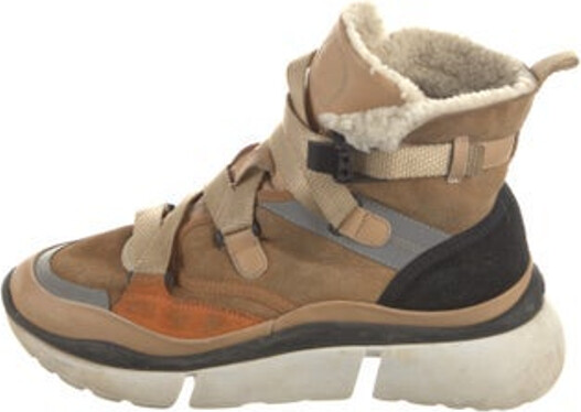 Chloé Suede High Top Wedge Sneakers Neutrals Colorblock Pattern Round-Toes with Leather Trim Embellishment Buckle Closure at Ankles Designer