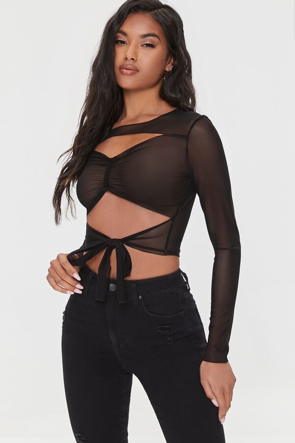 Long Sleeve Crop Button Front Crop Top Forever 21 FOREVER 21 Mixed