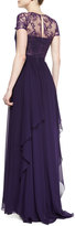 Thumbnail for your product : Badgley Mischka Short-Sleeve Lace-Bodice Illusion Gown