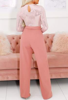 Pink Boutique Party Time Pink Sequin Long Sleeve Wide Leg Jumpsuit