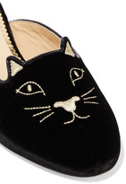 Thumbnail for your product : Charlotte Olympia Kitty Embroidered Velvet Slippers
