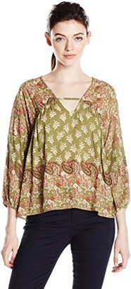 Angie Women's V Neck Poet Sleeve Blouse with Silver Printing