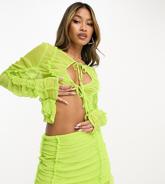Neon Green Lettuce Trim Crop Top and Mini Skirt Set for Girls and Women