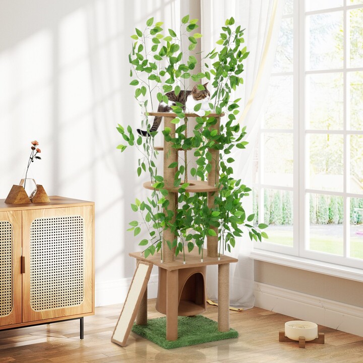 coziwow 76-in Green Leaves Plush Multi-Level Cat Tree​​​​​​​ & Condo with Scratching Posts
