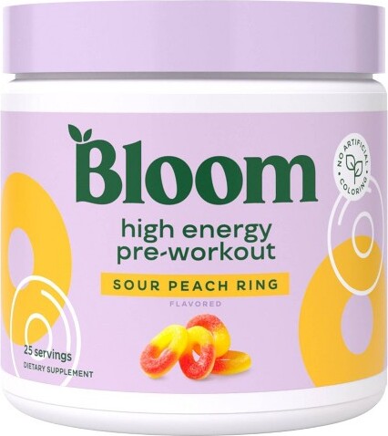 BLOOM NUTRITION High Energy Pre-Workout Supplement Powder - Sour Peach Ring - 7oz/25 Servings