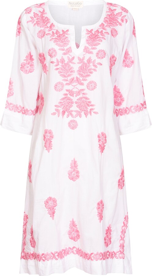 Nologo-Chic White Harriet Dress With Pink Hand Embroidery