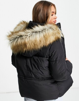Topshop tie waist padded jacket with faux fur hood in black - ShopStyle