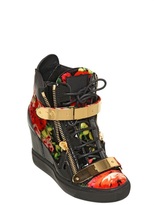 Thumbnail for your product : Giuseppe Zanotti 90mm Floral Print Velvet Wedged Sneakers