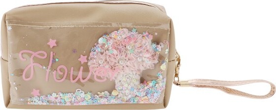 Unique Bargains Women's Portable Sequined Makeup Bag 1 Pc Khaki