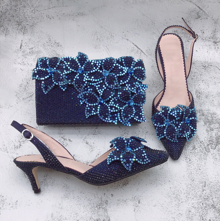 EVA LUO BS1748 Customize Navy Blue Crystal Rhinestone Flower African Italian Shoes With Matching Bag Set For Wedding Birthday Party