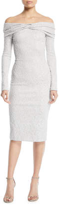 Oscar de la Renta Off-the-Shoulder Long-Sleeve Stretch Embroidered Cocktail Dress