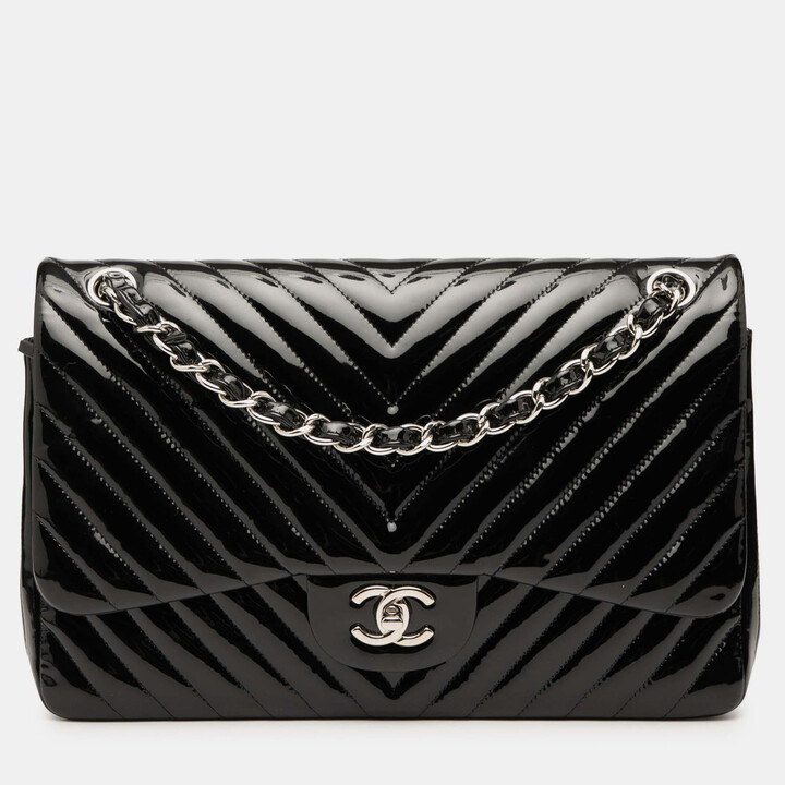 Chanel Black Jumbo Classic Chevron Patent Double Flap