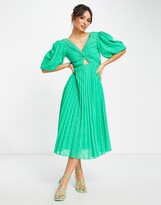 Thumbnail for your product : ASOS DESIGN twist front pleated midi skater dress in dobby in emerald green