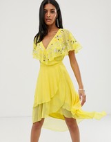 asos design midi dress with pinny bodice in 3d floral embellishment