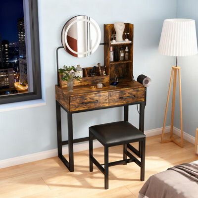 Latitude Run Makeup Vanity with LED Lights&3 Color and Power Outlet Makeup Vanity Table with 2 big Drawers with Sturdy Metal Leg and Metal Chair Dressing Table for