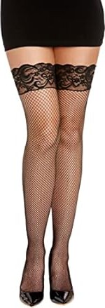 Dreamgirl Women’s Fishnet Thigh High Stockings with Silicone Lace Top and Back Seam