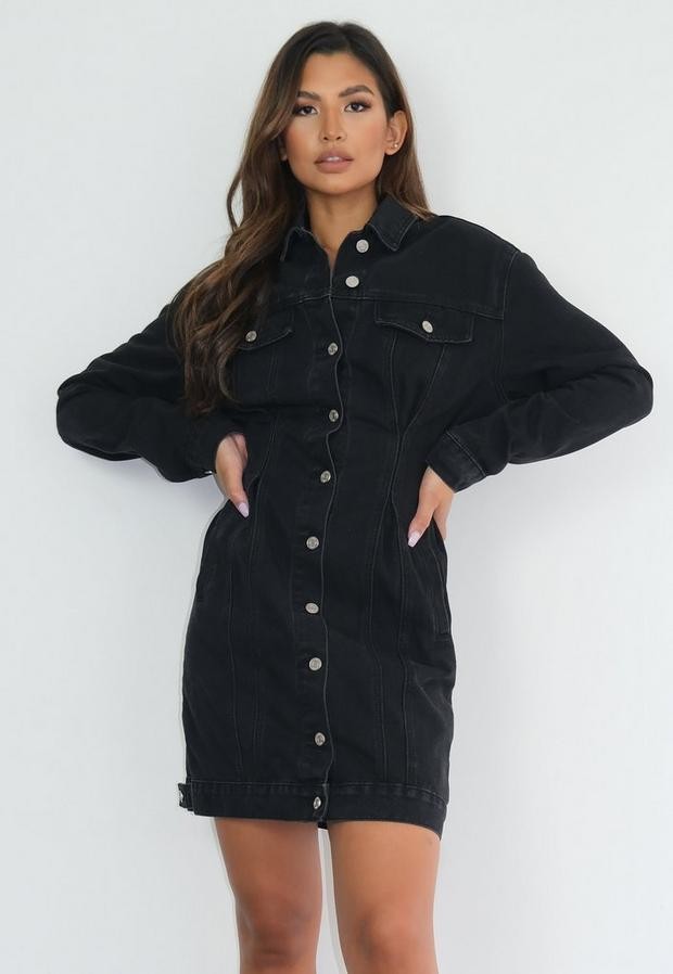 Missguided Petite Black Cinched Waist Denim Dress ShopStyle