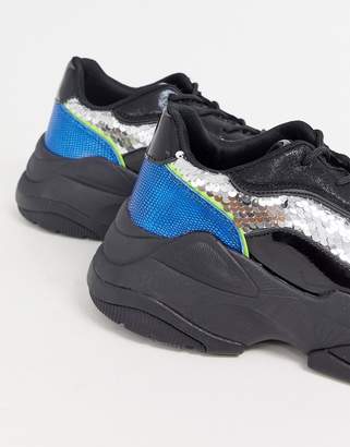 ASOS Design DESIGN sneakers in black patent and sequin with chunky sole