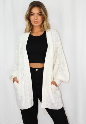 Missguided White Belted Balloon Sleeve Knit Cardigan - ShopStyle