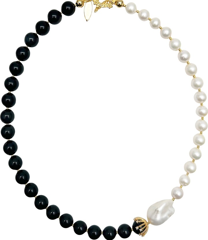 Farra White / Black Freshwater Pearls With Black Gemstone Timeless Necklace