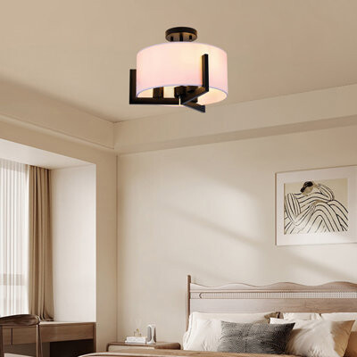 Mercer41 Semi-Recessed Ceiling Lamp, 3 Lamps Industrial Style Luminaire With White Drum Fabric Shade, E26 (Bulb Not Included)