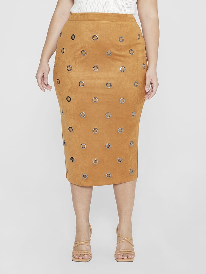 Fashion to Figure Plus Size Layla Faux Suede Grommet Detail Midi Skirt