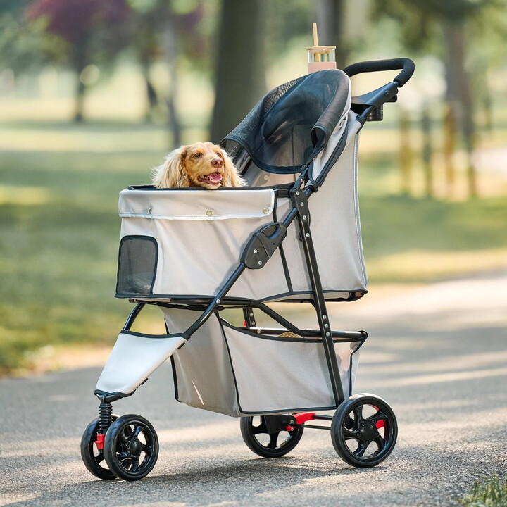 Carlson Pet Products Carlson Portable Pet Stroller with 360 Degree Front Wheel Swivel, Mesh Panels, Umbrella Canopy, Khaki, for Pets Up to 30 lbs