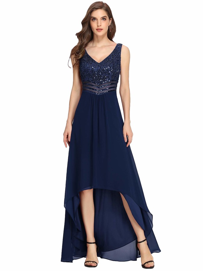 sleeveless v back high low navy blue dress