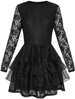 PrettyLittleThing Black Lace Long Sleeve Tiered Skater Dress