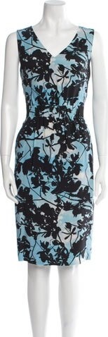 Akris Punto Floral Print Knee-Length Dress Akris Punto Sheath Dress Blue Floral Print Sleeveless with V-Neck Concealed Zip Closure at Back Designer