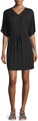 Neiman Marcus Dolman-Sleeve Military-Style Jersey Dress, Black