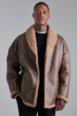 boohoo Mens Brown Oversized Leather Look Borg Trim Jacket