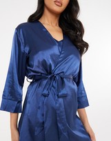 Thumbnail for your product : In The Style x Lorna Luxe satin contrast trim robe with belt in navy