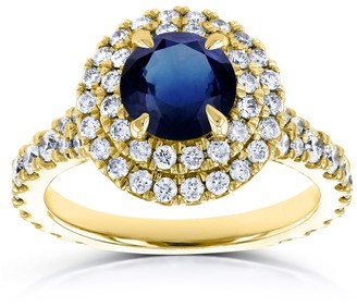 Annello by Kobelli 14k Yellow Gold 2 1/3 Carat TGW Domed Cluster Blue Sapphire and Diamond Double Halo Ring