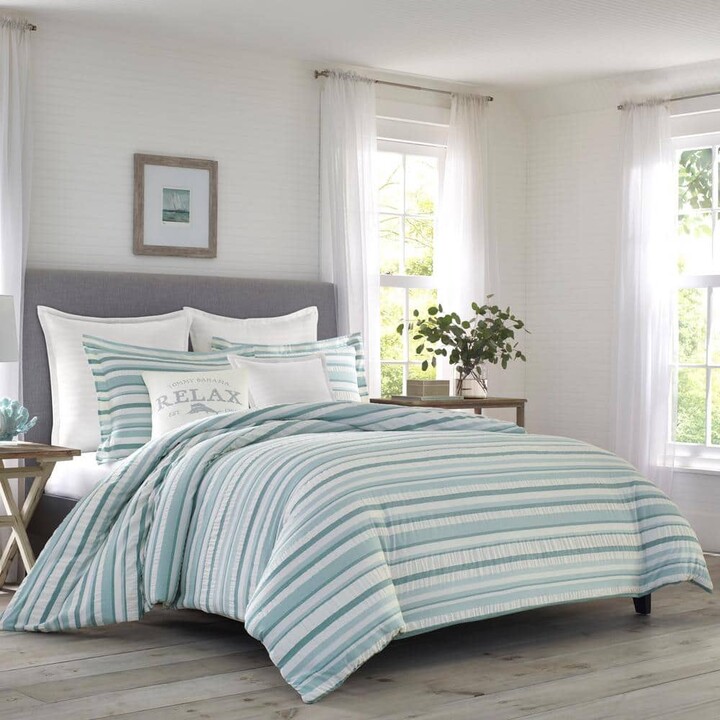 Tommy Bahama Clearwater Cay 3-Piece Blue Striped Seersucker Cotton Full/Queen Duvet Cover Set