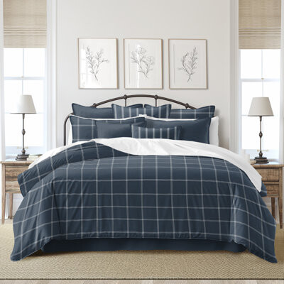 6ix Tailors Fine Linens Shay Window Pane Dark Denim Cotton Coverlet Set 8 Piece