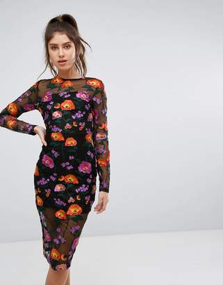 PrettyLittleThing Embroidered Floral Sheer Lace Midi Dress