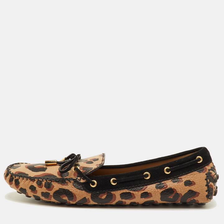Louis Vuitton Beige/Black Leopard Print Leather and Suede Gloria Slip On Loafers