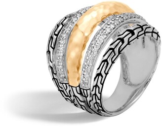 John Hardy 18K Yellow Gold, Silver and Diamond Pave Classic Chain Ring