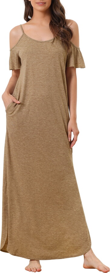 Unique Bargains Women Cold Shoulder Sundresses Strapless Maxi Lounge Dress Nightgown XS Khaki