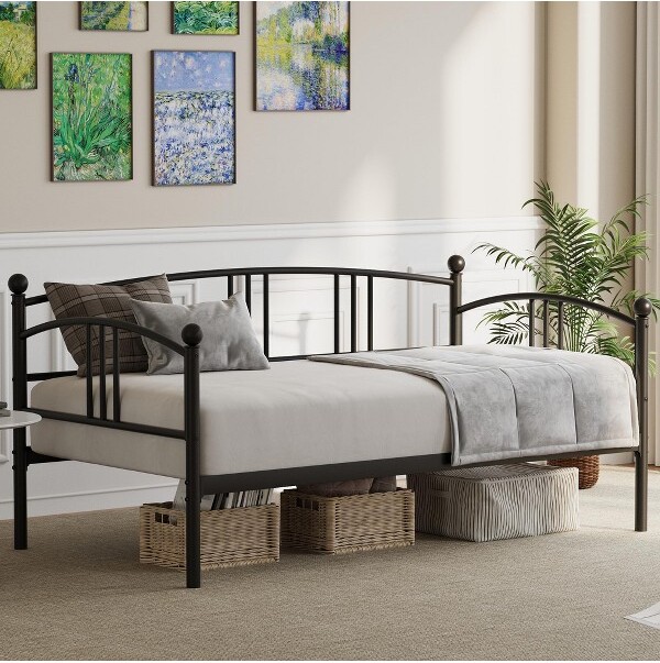 RONSHIN TwinDaybedSturdyMetalDayBedwithSteelSlatSupportArchedHeadboardSofaBedforLivingRoomBedroomandGuestRoomBlack