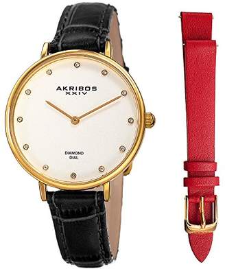 Akribos XXIV Women's Genuine Diamond Gold-Tone Accented Silver Dial with Black Alligator Embossed White Leather Strap and Additional Red Strap Watch AK933YG-BX