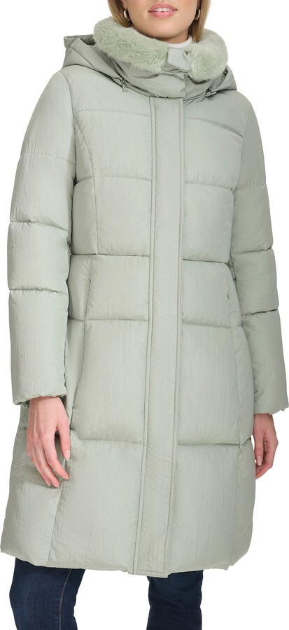 Cole Haan Channel Quilted Shimmer Nylon Puffer Coat with Removable Hood