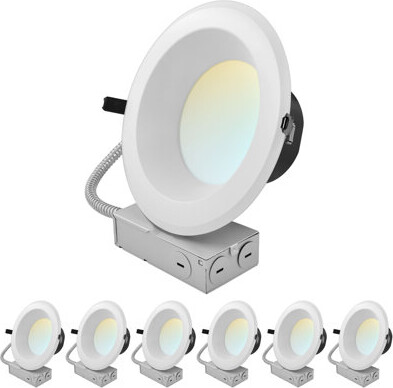 LUXRITE 8 Inch Commercial LED Recessed Light J-Box 5CCT 3 Wattages 16/24/30W Dimmable CRI90 1800/2700/3500 Lumens 120-277V Wet Rated IC Rated 6 Pack