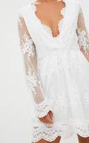 Thumbnail for your product : PrettyLittleThing White Lace Plunge Bell Sleeve Skater Dress